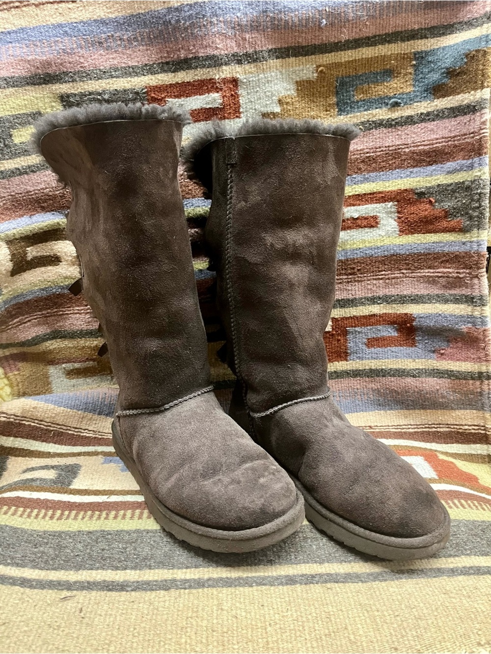 UGG Tall Suede Winter Boots in Dark Brown with Shearling Trim